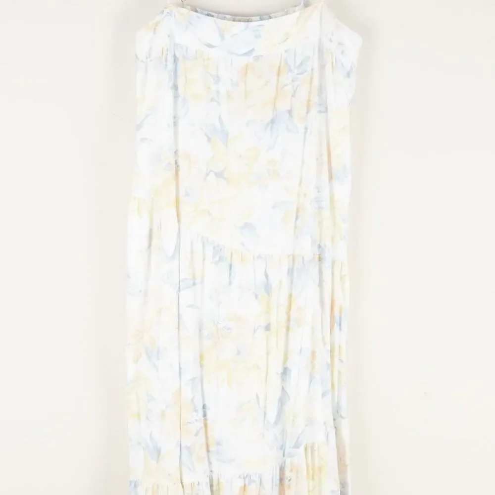 Abercrombie & Fitch Asymmetrical Yellow Blue Floral Linen Tiered Maxi Dress L